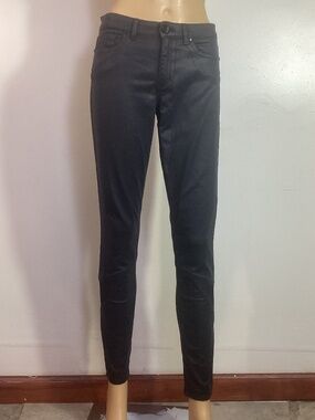 Elie Tahari Black Waxed Coated Azella Low Rise Skinny Leg Moto Jeans Sz 27